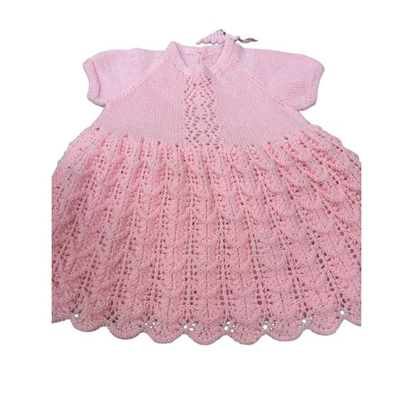 Vintage Handmade Baby Dress & Cardigan Set – Pink Knit Lace, Special Occasion Ou - Picture 5 of 16